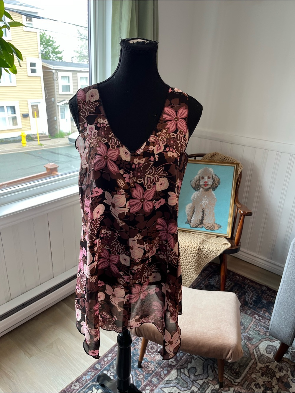 Women’s Vintage Y2K Floral Sleeveless Shear V-Neck Chiffon Tunic Pink M